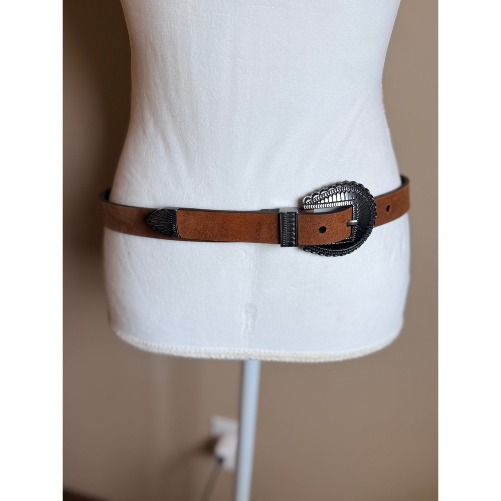 Womens Brown Suede Leather Western Belt Silver Buckle Tip S 28 30